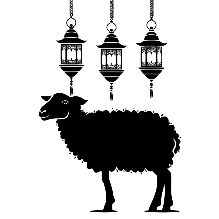 Sheep Silhouette with Hanging Lanterns for Eid