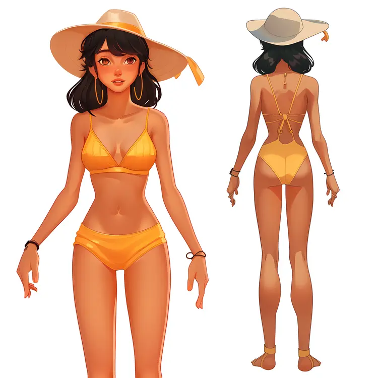 Woman in Yellow Bikini with Hat