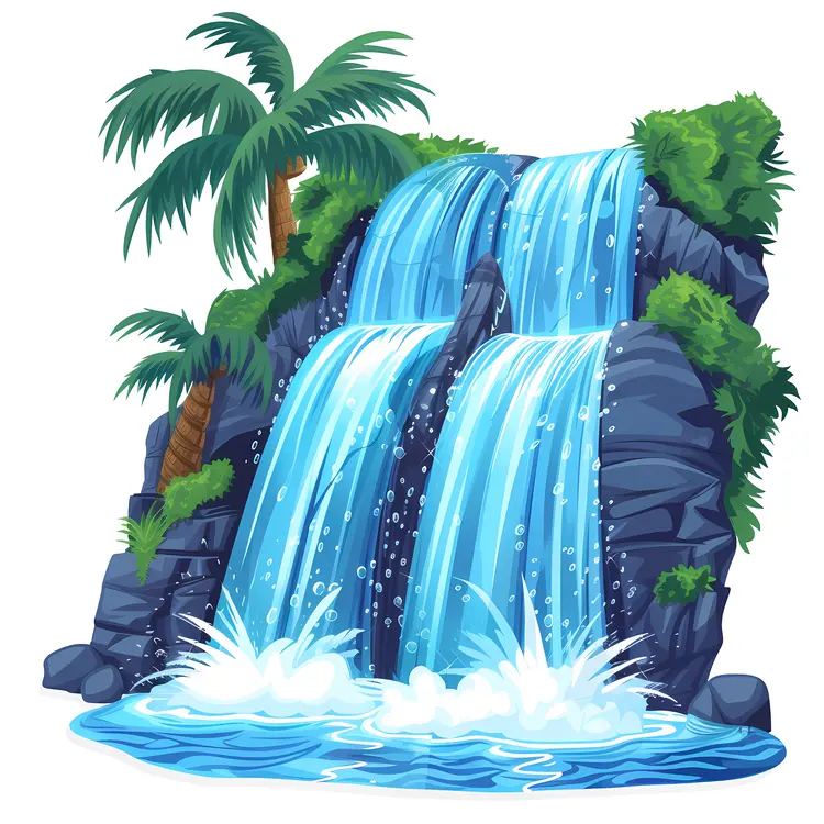 Cartoon Waterfall with Palm Trees