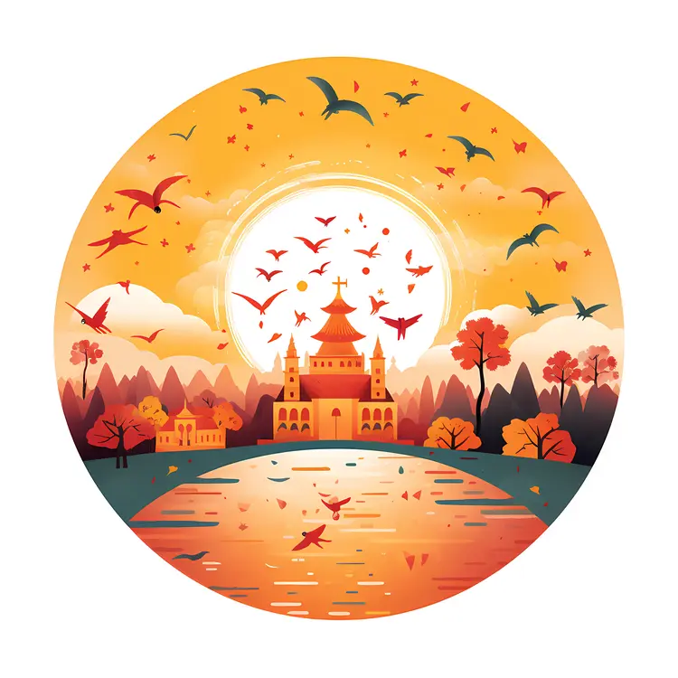 Sunset over Castle with Birds
