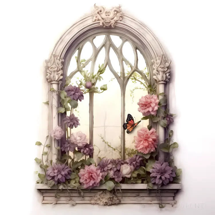 Charming Window with Flowers and Butterfly