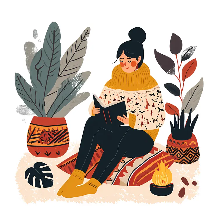 Woman Reading with Plants and Fire