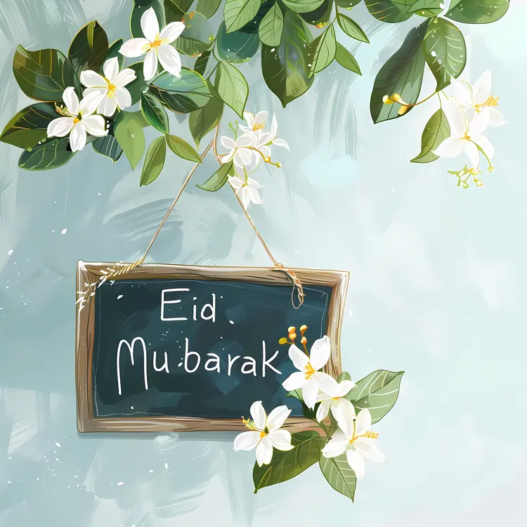 Eid Mubarak Sign with Flowers and Green Leaves