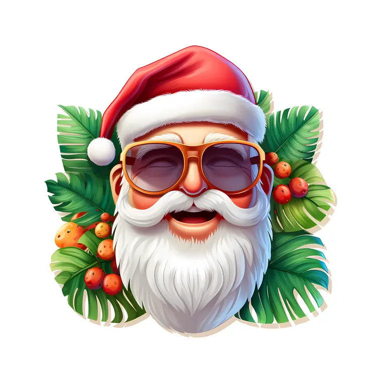 Santa Face with Sunglasses and Tropical Background