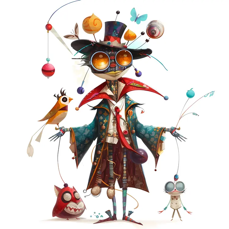 Whimsical Character with Hat and Bird