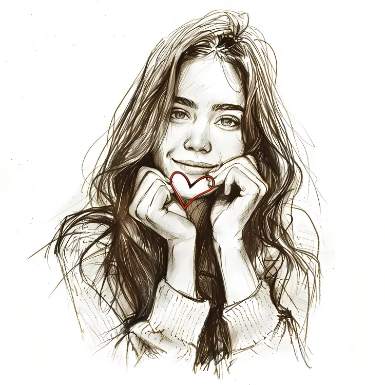 Drawing of Woman Holding Heart