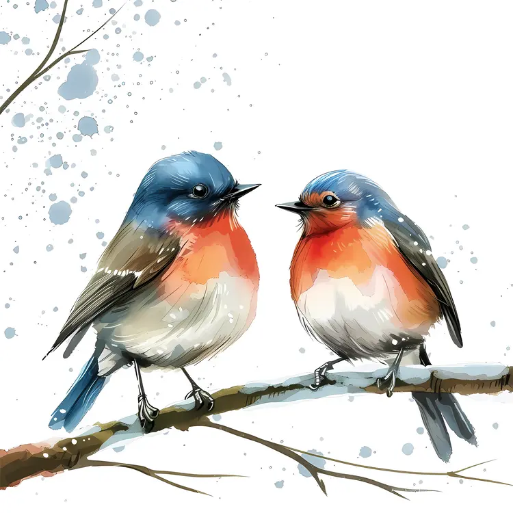 Blue and Orange Birds on a Branch