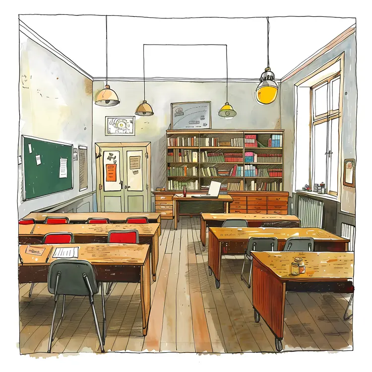 Vintage Classroom with Wooden Desks
