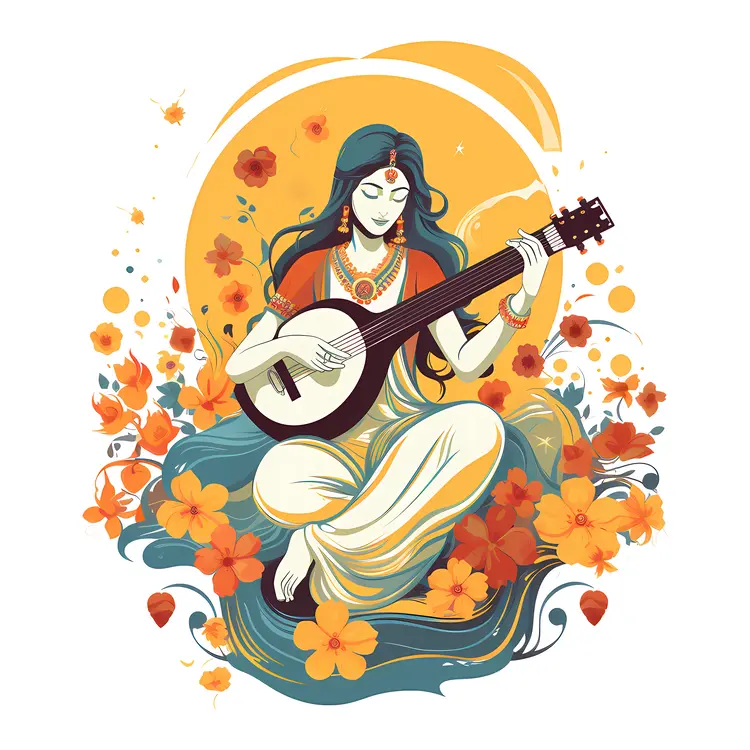 Woman Playing Sitar with Floral Background Illustration
