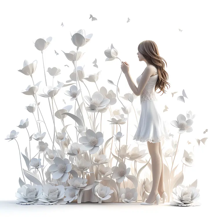 Woman in White with White Flowers