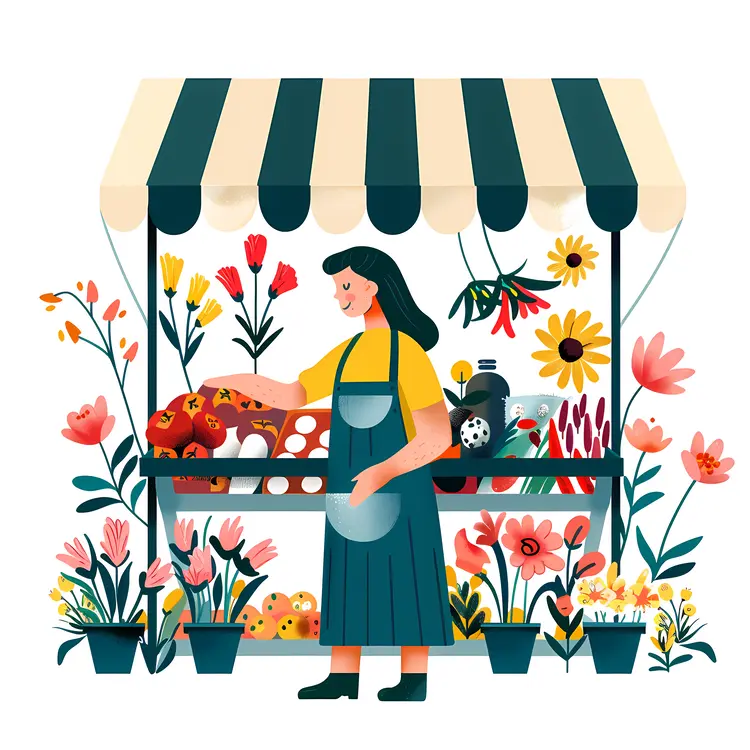 Flower Stall with Vendor and Colorful Flowers