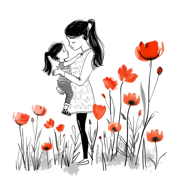 Mother and Child in Flower Field