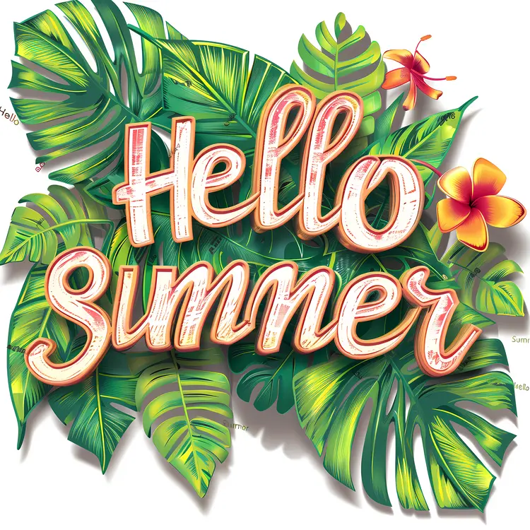 Hello Summer with Green Leaves and Flowers
