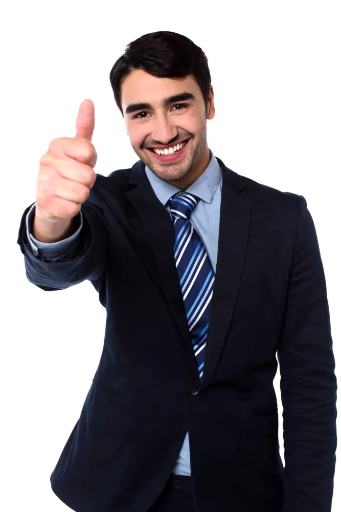 Smiling Man in Suit Giving Thumbs Up