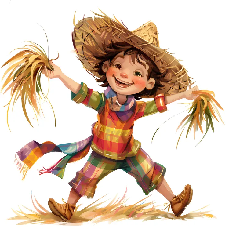 Happy Child with Straw Hat and Colorful Outfit