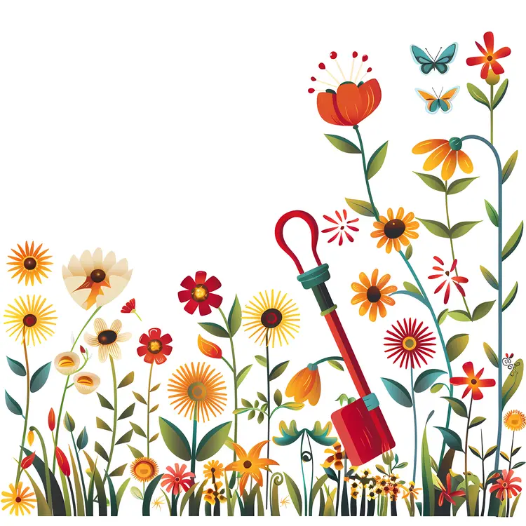 Colorful Garden with Flowers and Shovel