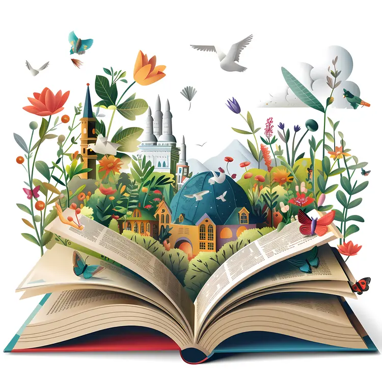 Floral Scene Emerging from Open Book