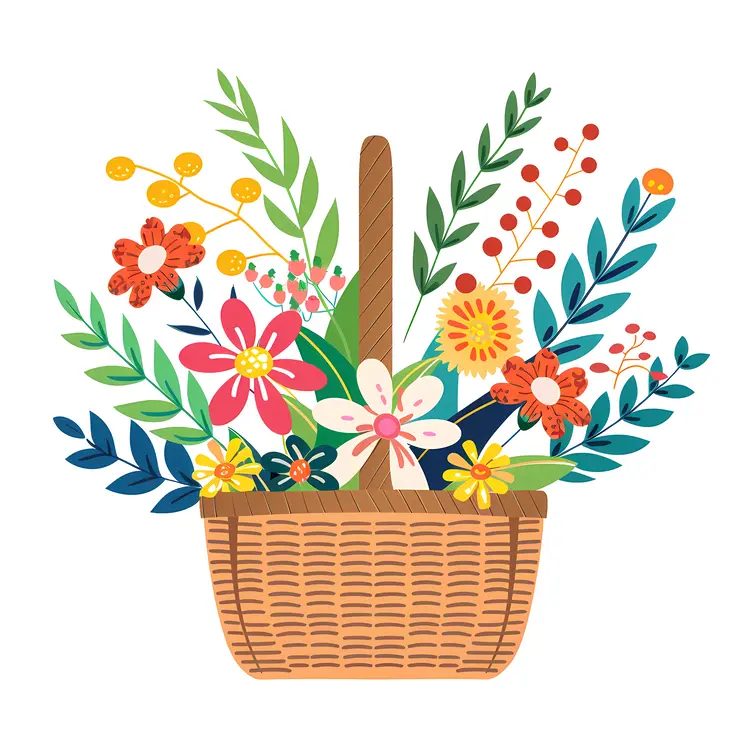 Illustrated Flower Basket with Vibrant Flowers