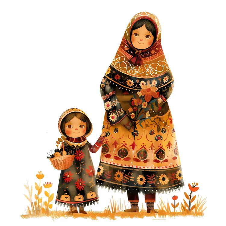 Mother and Child in Traditional Dresses