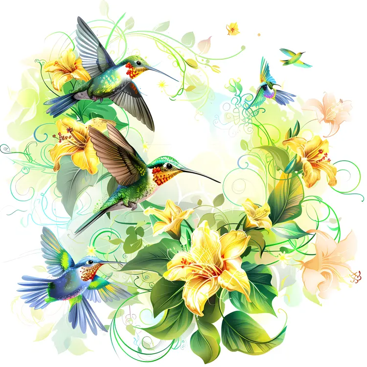 Hummingbirds and Flowers Illustration