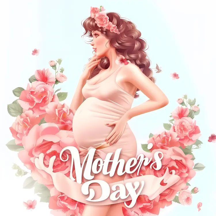 Mother's Day Card with Pregnant Woman and Flowers