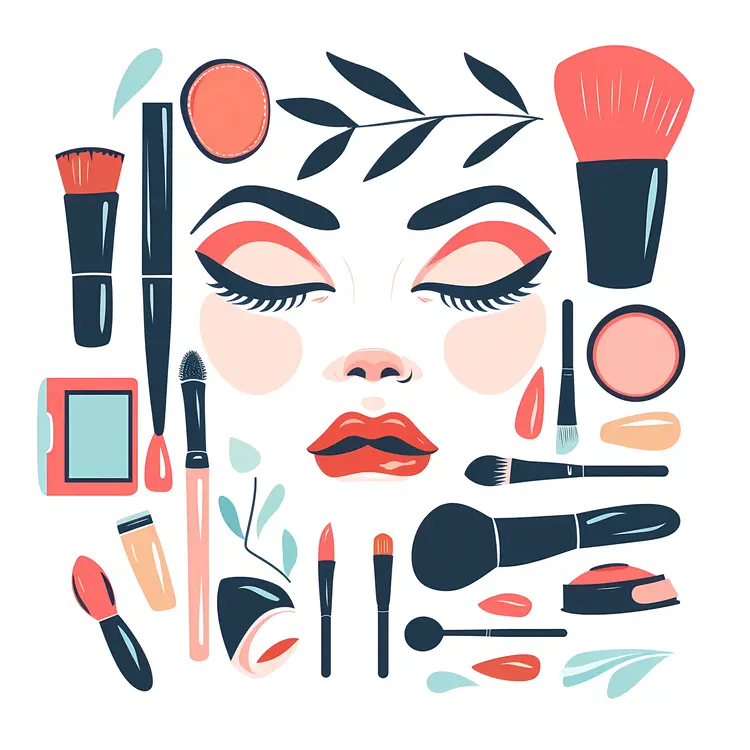 Assorted Makeup Tools and Face Illustration