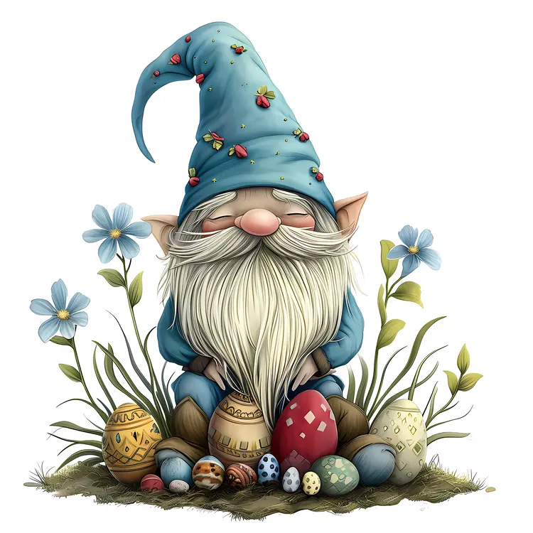 Gnome Surrounded by Easter Eggs