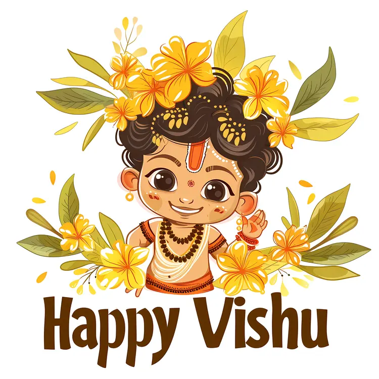 Happy Vishu Text with Child and Floral Design