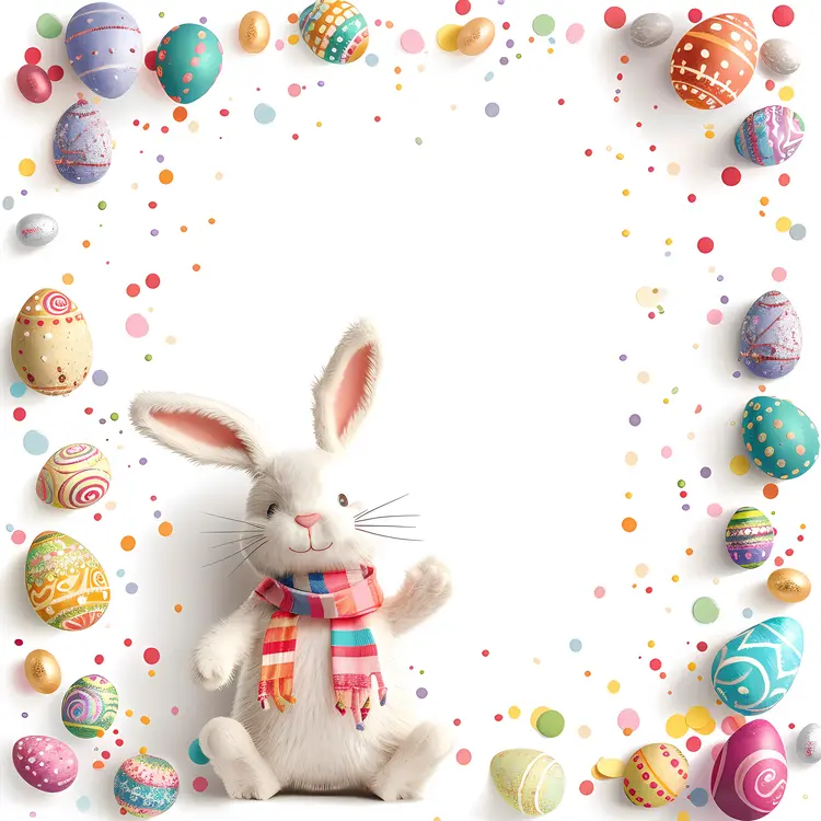 Easter Bunny with Decorated Eggs and Scarf