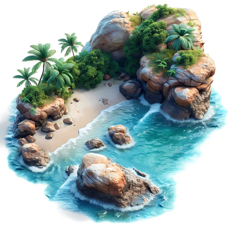 Small Tropical Island with Palm Trees and Rocks