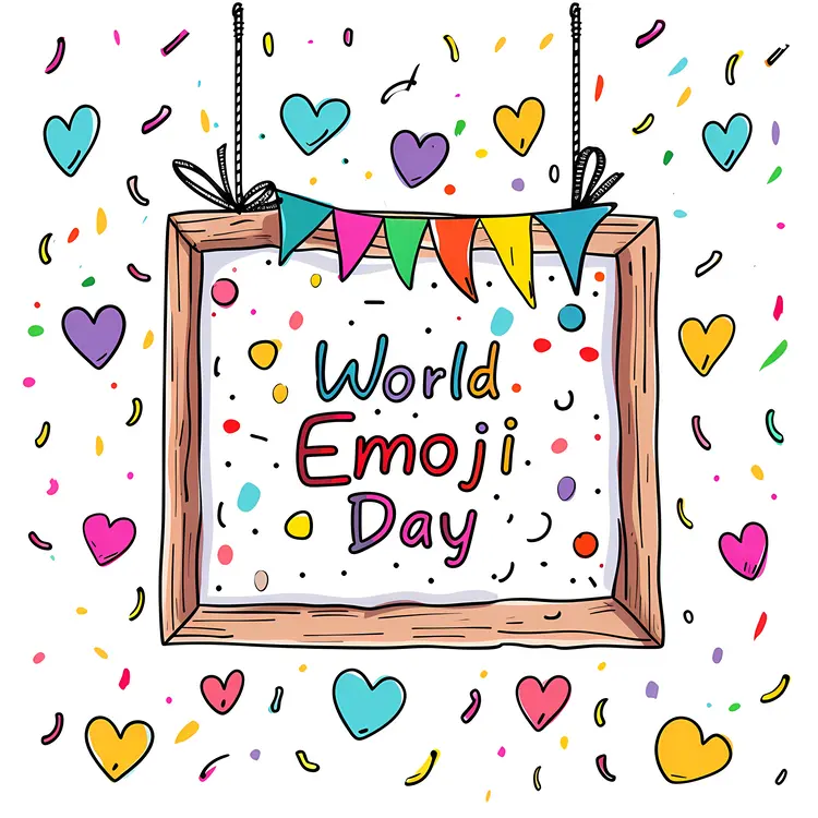 Festive World Emoji Day Poster with Hearts and Confetti