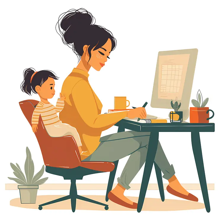 Woman Working with Child at Home Illustration