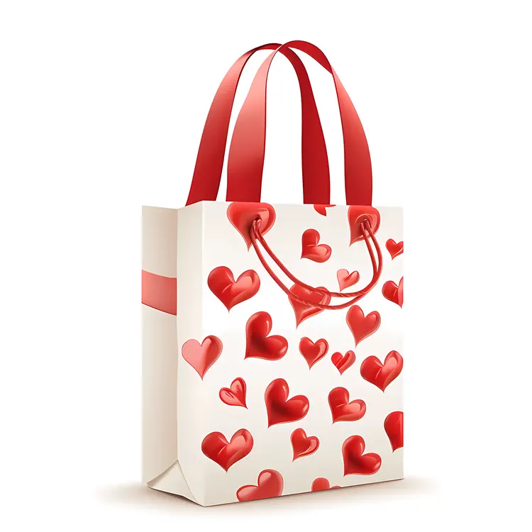 White Gift Bag with Red Hearts for Valentine's Day