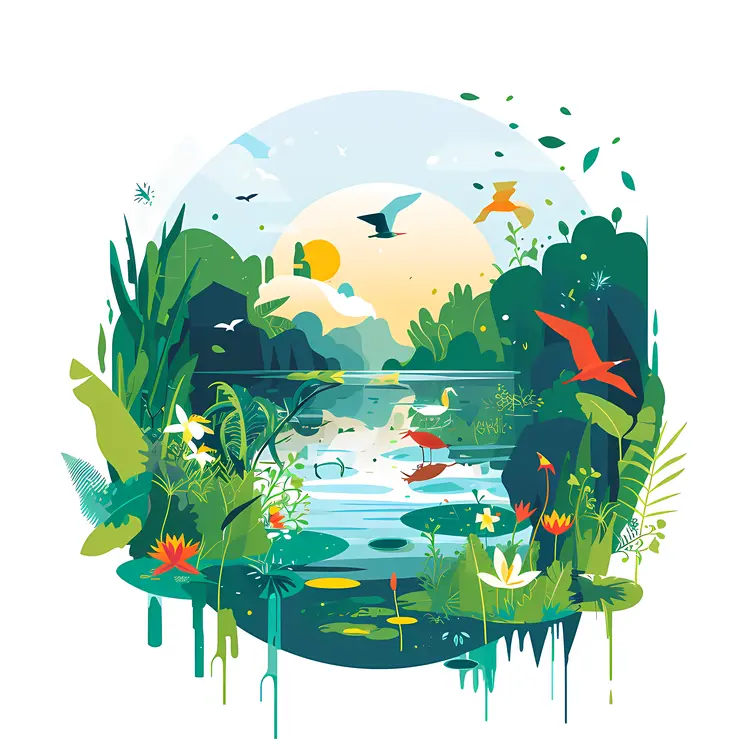 Vibrant Lake with Birds