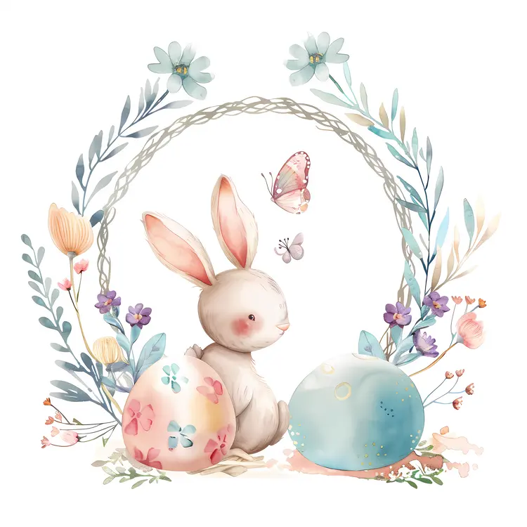Bunny with Floral Wreath and Easter Eggs
