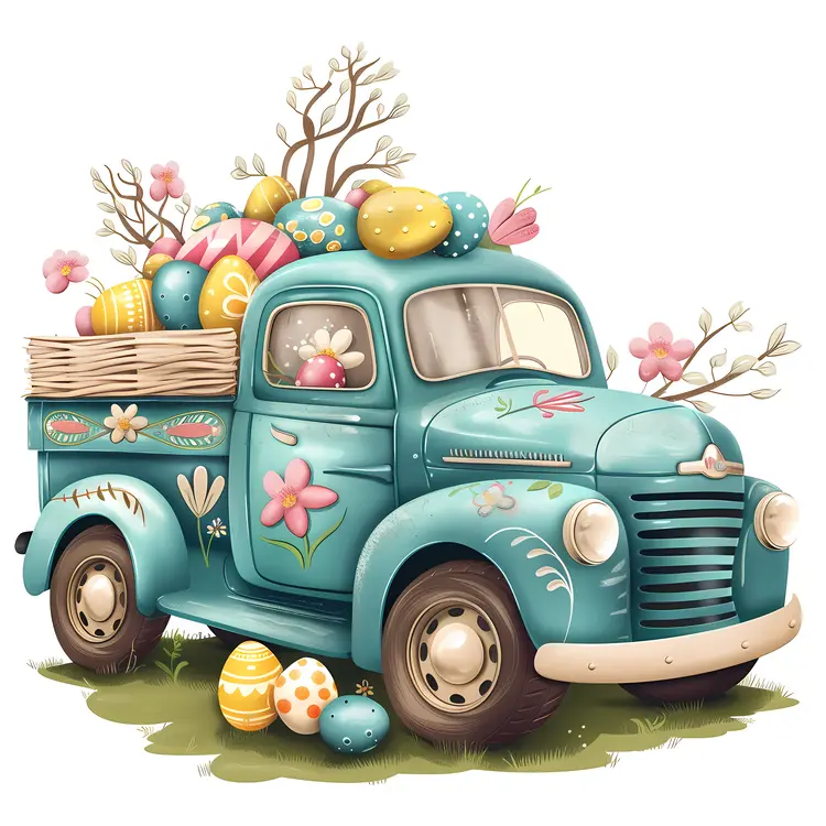 Vintage Blue Truck with Easter Eggs