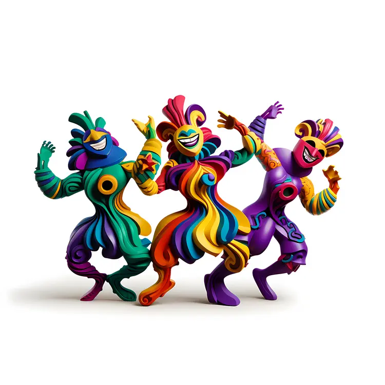 Colorful Dancing Trio in Mardi Gras Costumes