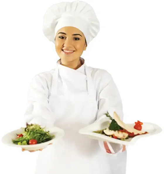 Smiling Chef Holding Plates of Food