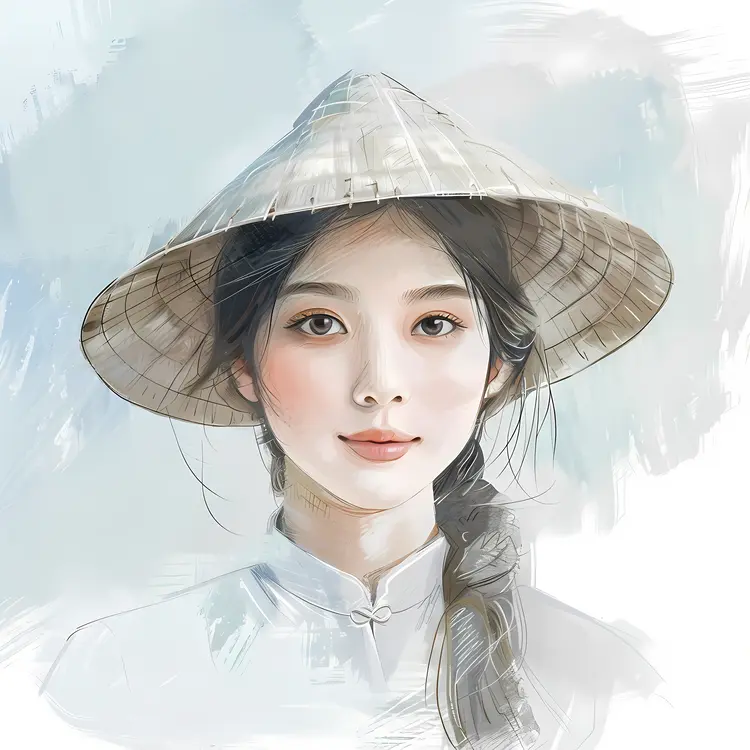 Delicate Woman in Conical Hat Illustration