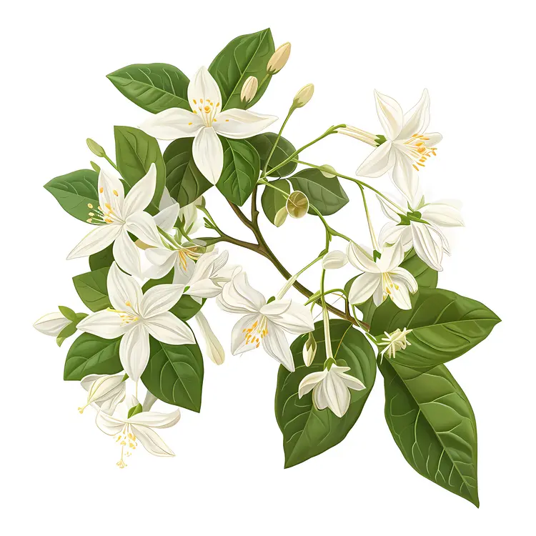 White Flowers with Green Leaves on Branch