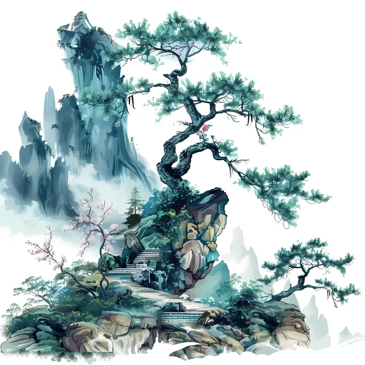 Serene Mountain Landscape with Pine Tree
