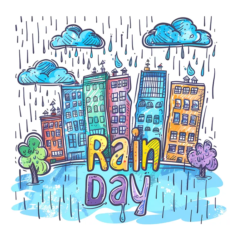 Colorful Rain Day Illustration with Flooded City