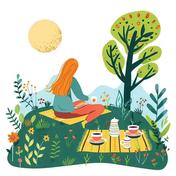 Woman with Red Hair Having a Tea Picnic