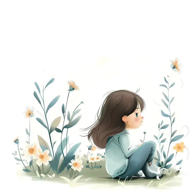 Girl Sitting Among Tall Flowers