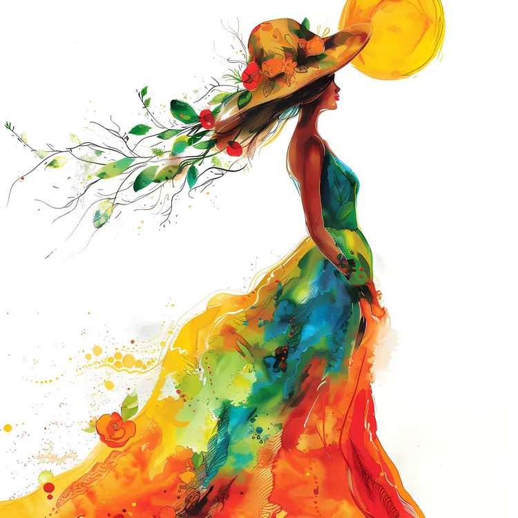 Woman in Colorful Dress with Hat