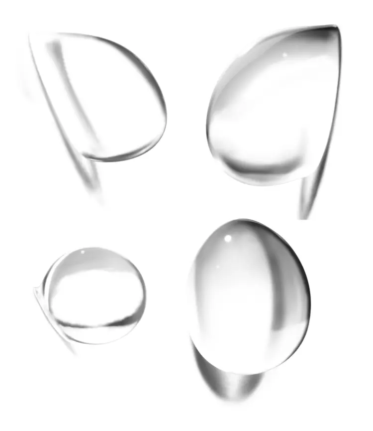 Different Shapes of Water Droplets on a Clear Background