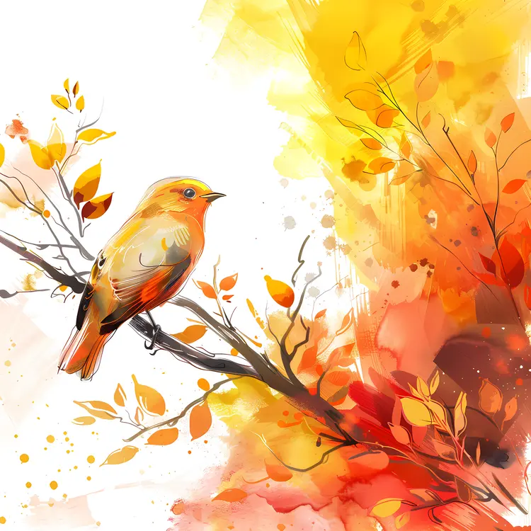 Artistic Bird on Branch with Autumn Leaves