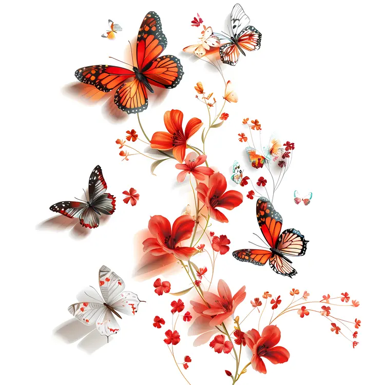 Butterflies and Red Garden Flowers