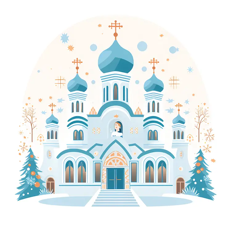 Snowy Church with Blue Domes and Stars