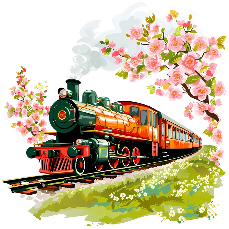 Orange Steam Train with Blossoming Flowers